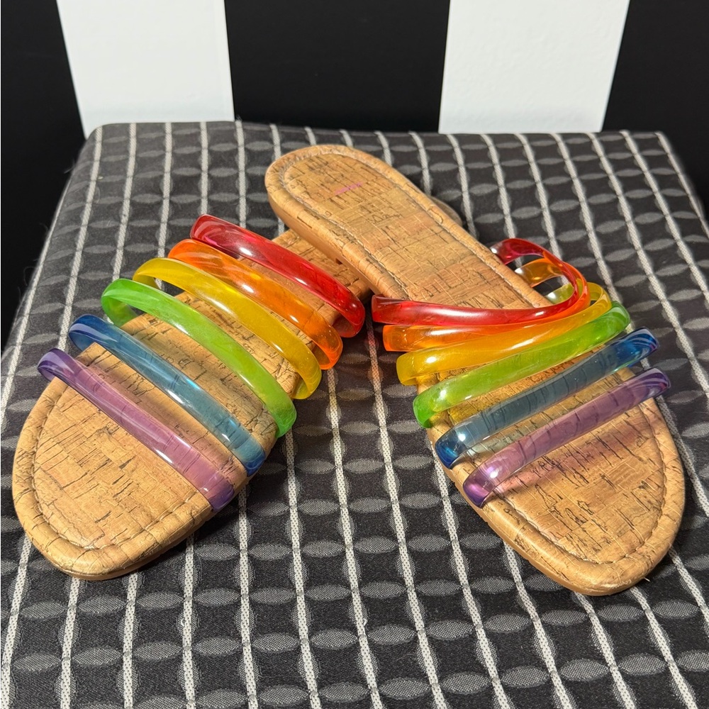 Rainbow Clear Strap Cork Slide Jelly Sandals